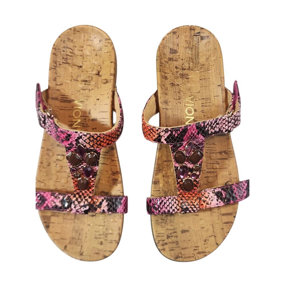 Vionic Viviana Snake Print Embellished‎ Sandal Size 7 Pink Orange Cork Footbed